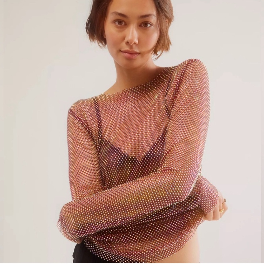 Free People Intimately Filter Finish Long Sleeve Top NWOT Size Small Sheer Mesh